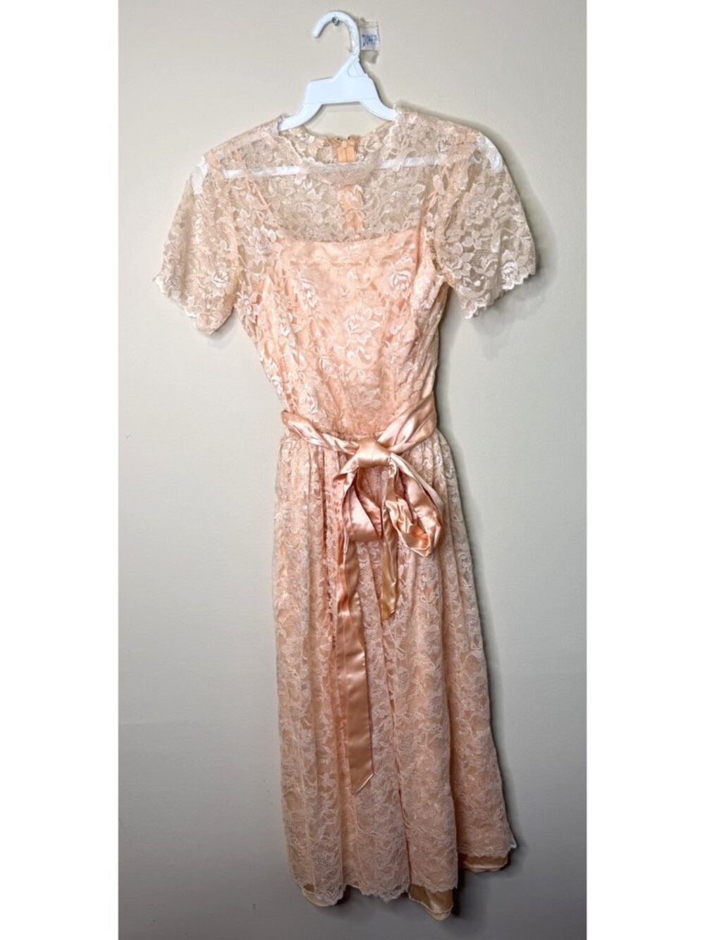 Vintage 80s Lace Tea Dress Silky Bow Sash Garden Tea USA